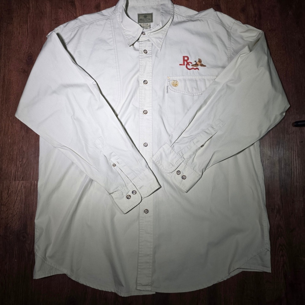 Beretta Mens XL Shooting Shirt Khaki Cotton Long Sleeve Pheasant Embroidery RC